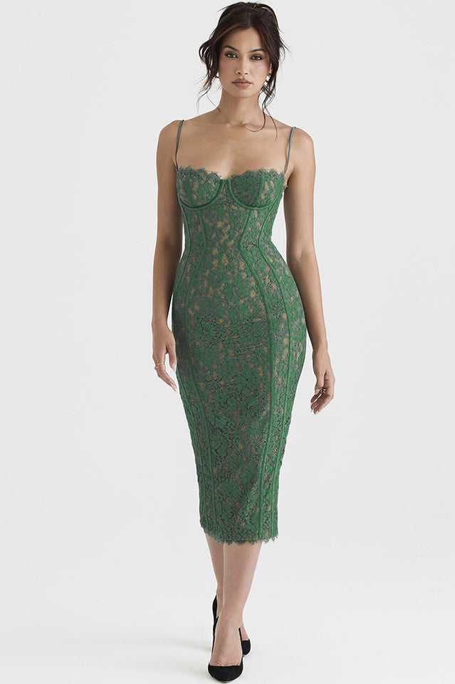 Joelle Forest Lace Midi Dress in Green