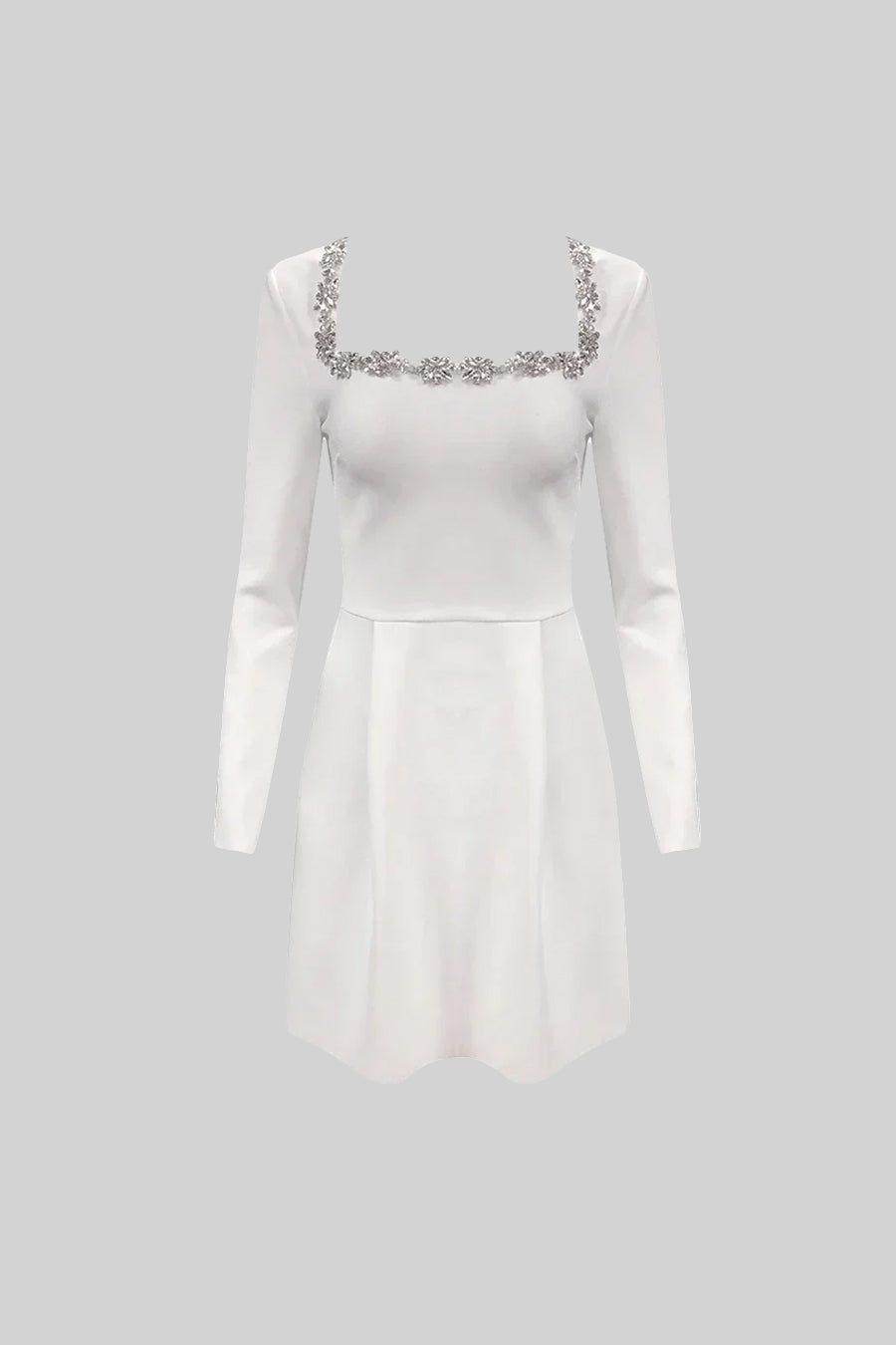 Square Neck Rhinestone Trim Long Sleeve Pleated A-Line Mini Dress - View 3