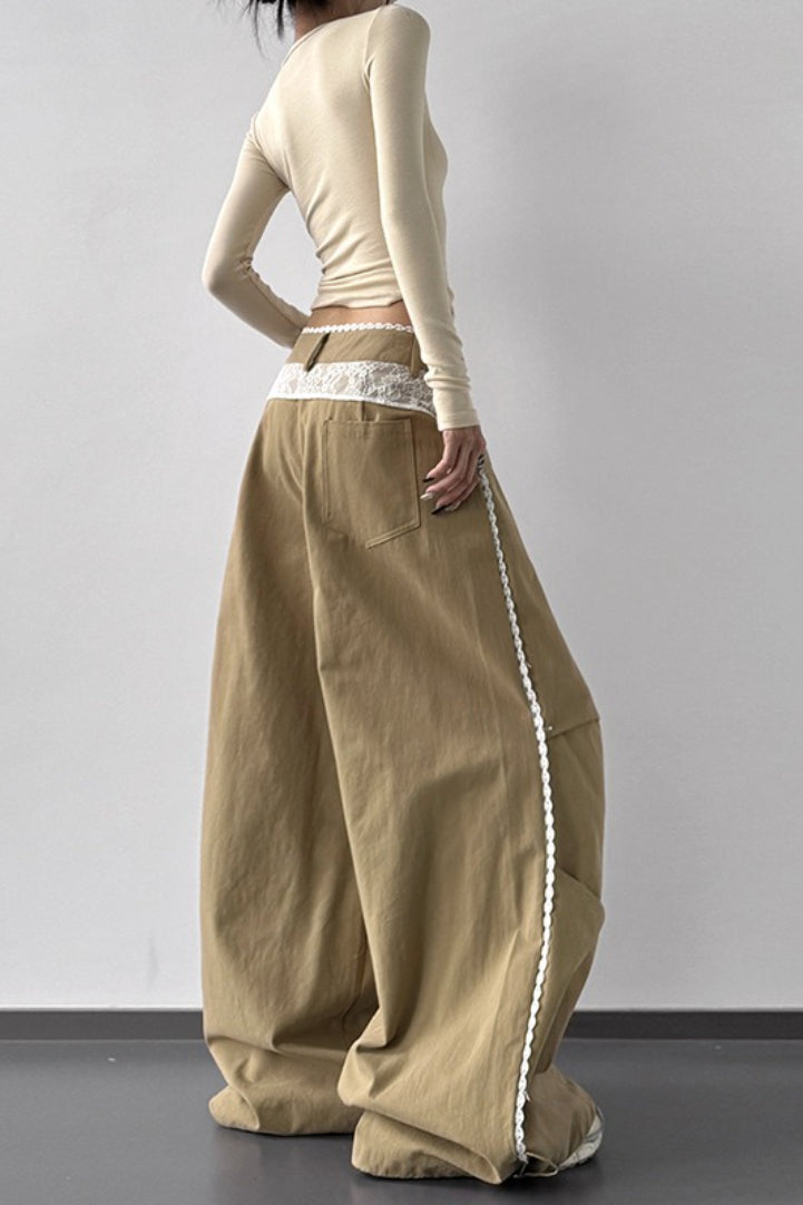 Vintage Lace Patchwork Bow High Waist Slim Wide Leg Pants