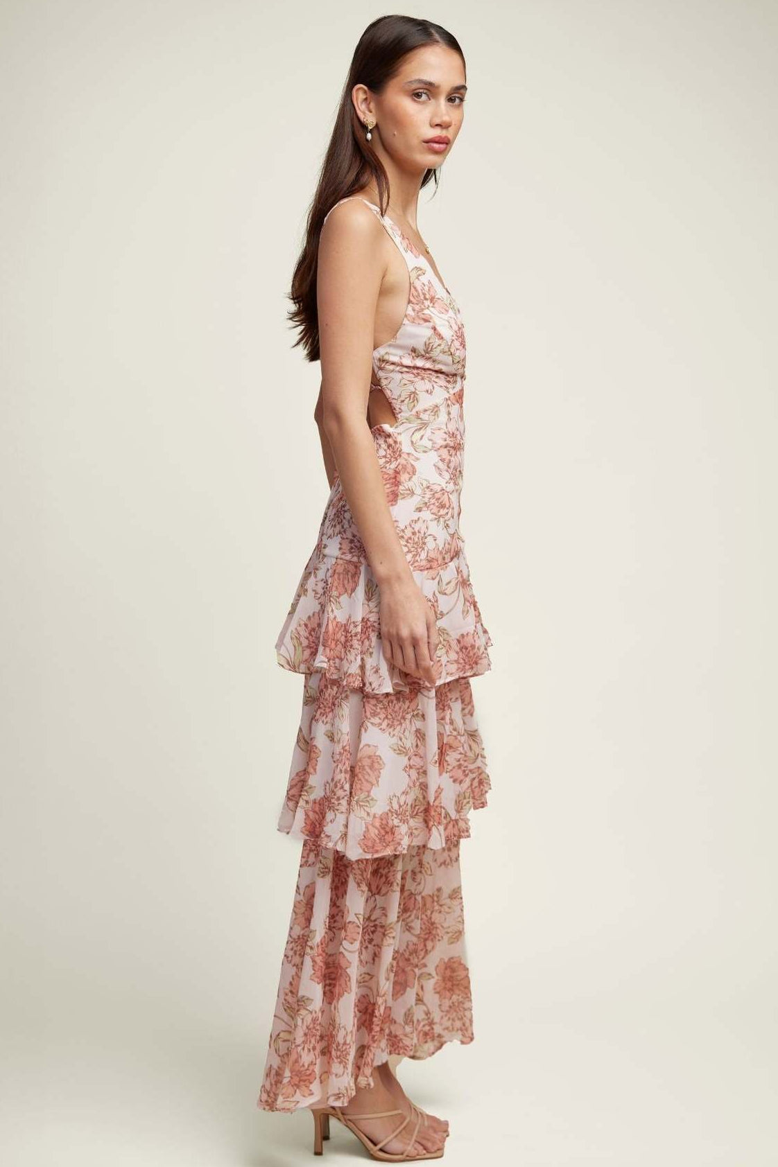 Floral Deep V-Neck Sleeveless Tiered Ruffle Chiffon Maxi Dress - View 11