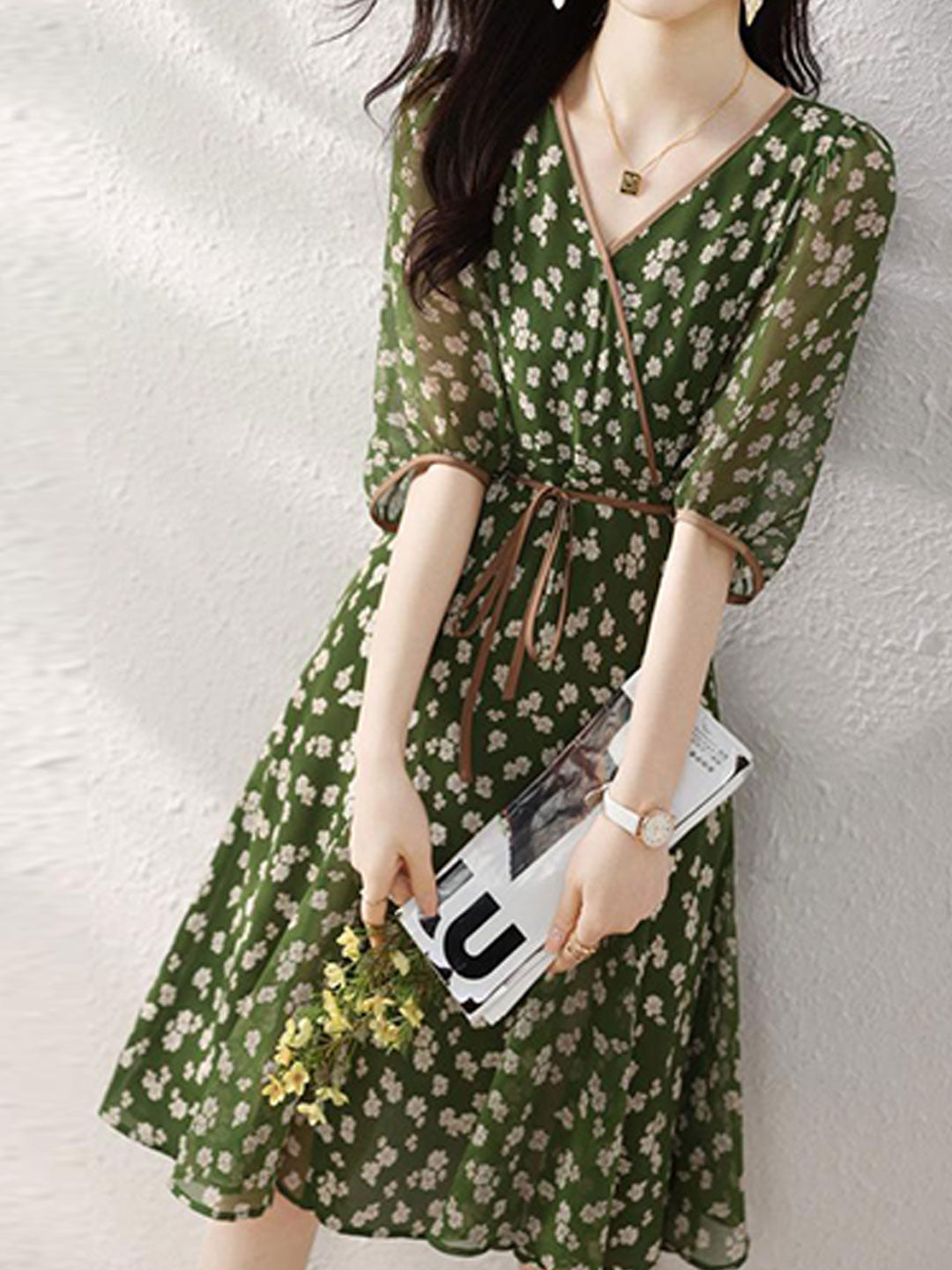 Floral Print Wrap V-Neck Puff Sleeve Tie Waist Dress - View 2