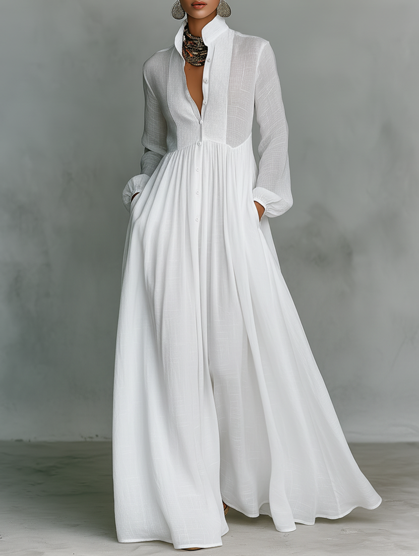 Collared Button Front Long Sleeve Maxi Shirt Dress