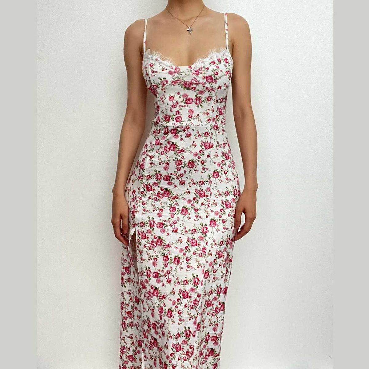 Floral Print Sweetheart Lace Trim High Split Slip Maxi Dress - View 2