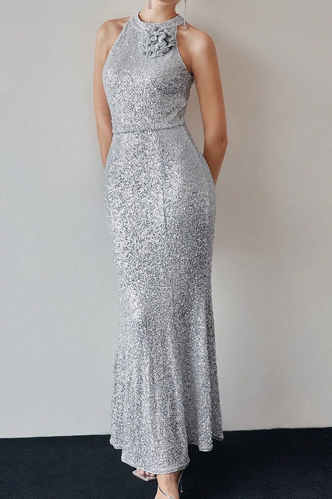 Sequin Halter Neck Rosette Mermaid Maxi Gown - View 4