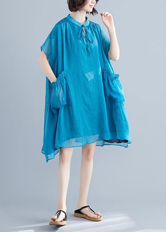 Stand Collar Tie Neck Cap Sleeve Ruffle Pocket Chiffon Mini Dress - View 3
