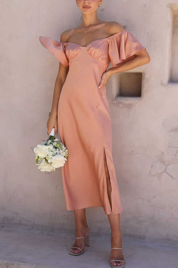 Pure Love Satin Butterfly Sleeve Slit Midi Dress - View 22