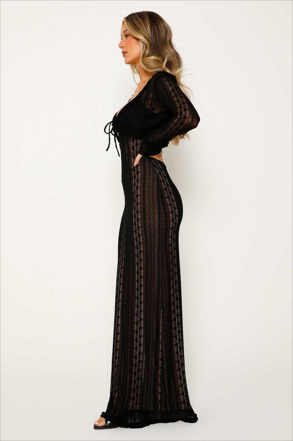 V Neck Long Sleeve Split Lace Dress - View 6