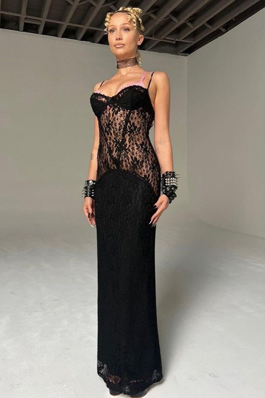 Sheer Lace Corset Sweetheart Spaghetti Strap Column Maxi Gown - View 6