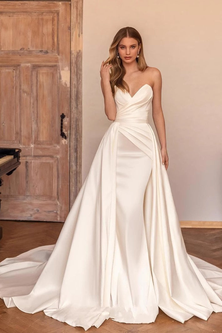 Satin Strapless Sweetheart Ruched Overskirt Mermaid Gown 2