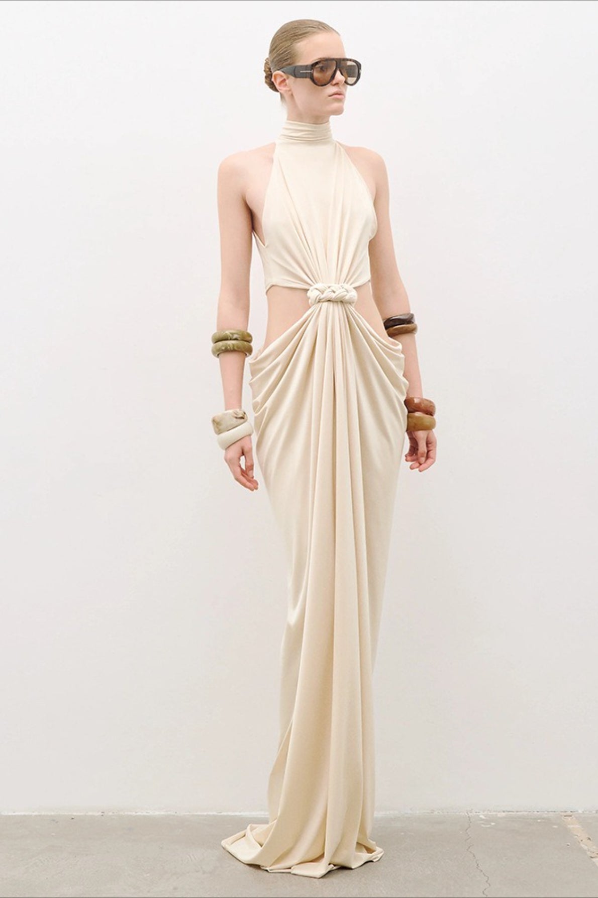 High Neck Halter Cut Out Waist Knotted Draped Maxi Gown