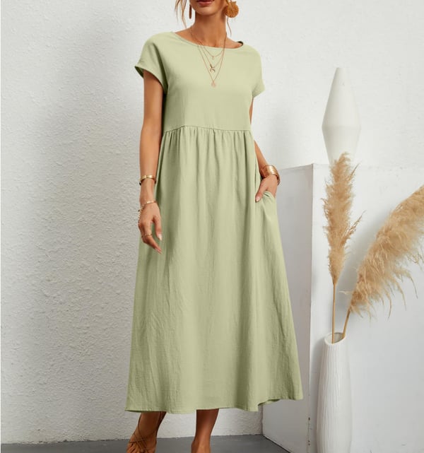 Short Sleeve Empire Waist Gathered Pocket Knee Length Summer Dress - View 9