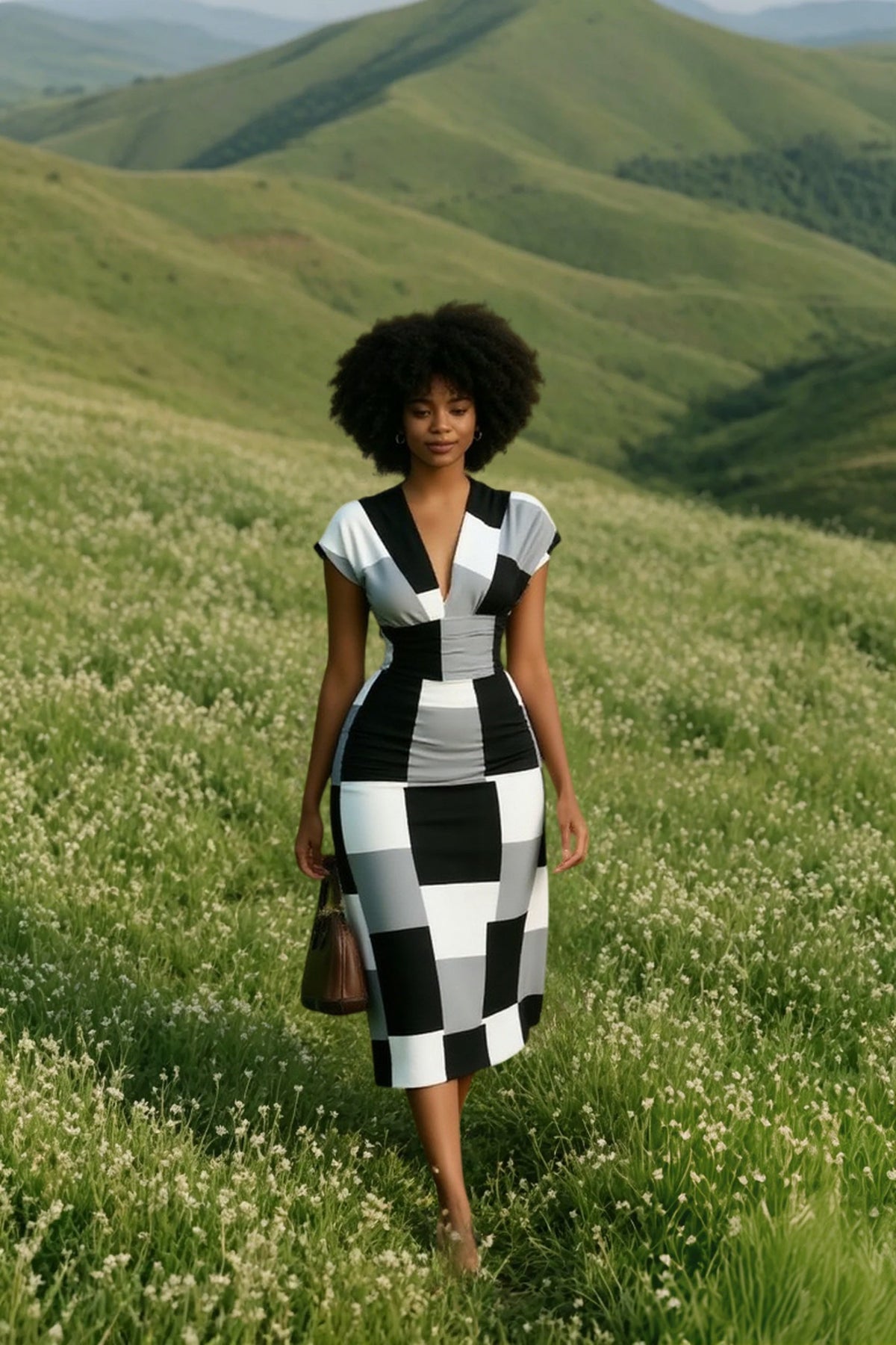 V Neck Sleeveless Wrap Dress Plaid Midi Dress