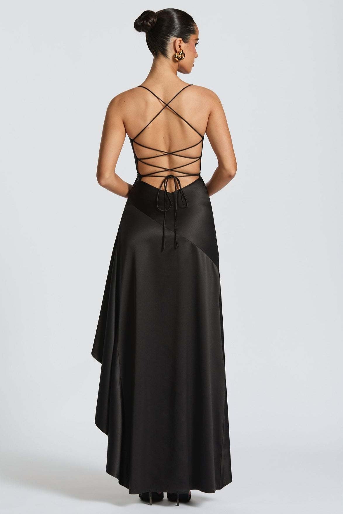 Satin Cowl Neck Lace Up Back Ruffle High Low Maxi Dress 6