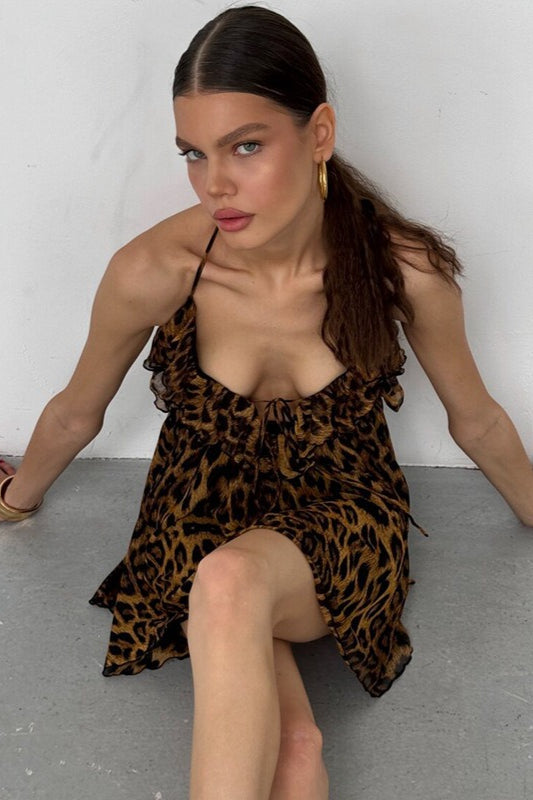 Deep V-Neck Halter Ruffle Leopard Print Backless Mini Dress 3