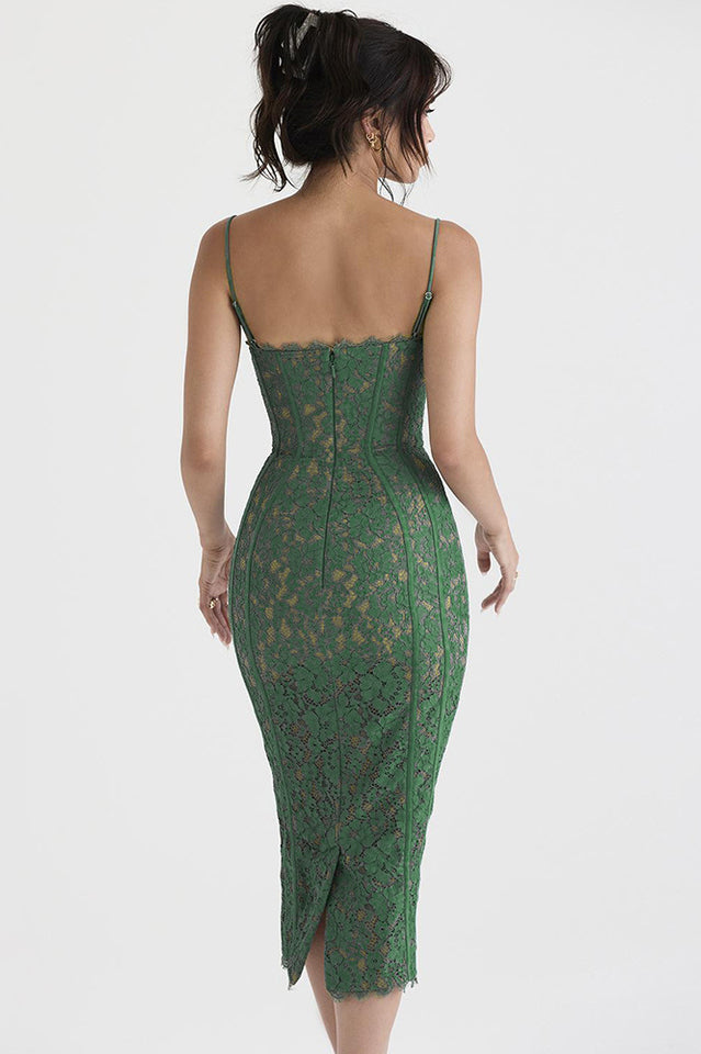 Joelle Forest Lace Midi Dress in Green - View 4