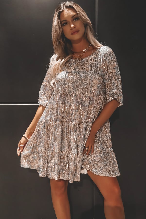 Sequin Crew Neck Short Sleeve Tiered Smock Mini Party Dress