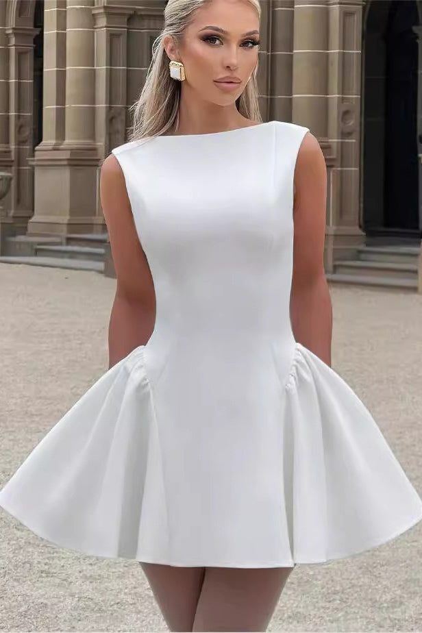 Boat Neck Sleeveless Bubble Hem Fit and Flare Mini Dress