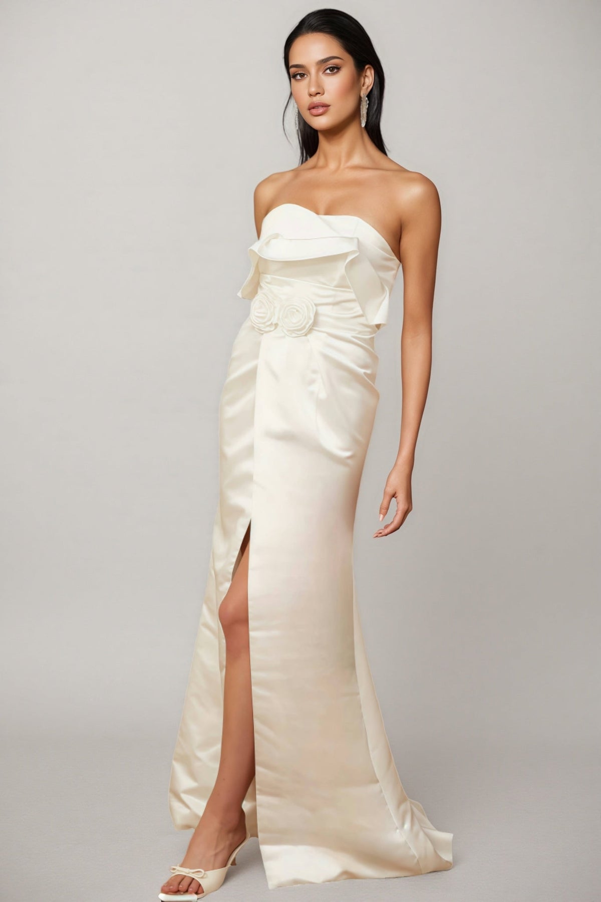 Jiusi White Floral Appliqued Satin Maxi Dress