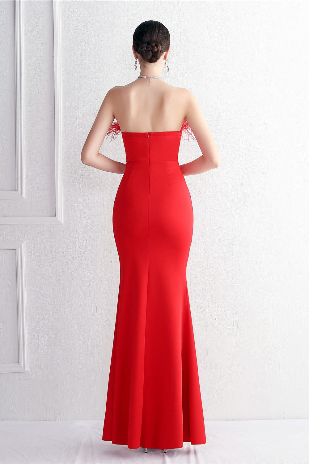 Feather Trim Strapless High Split Mermaid Gown - View 24