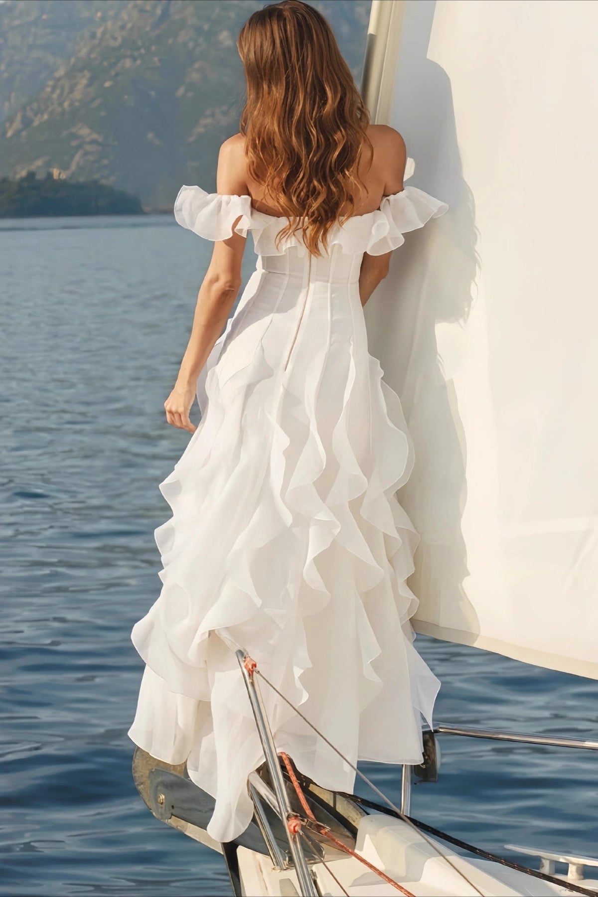 Off Shoulder Ruffle Trim Paneled Bodice Cascading Maxi Gown - View 4