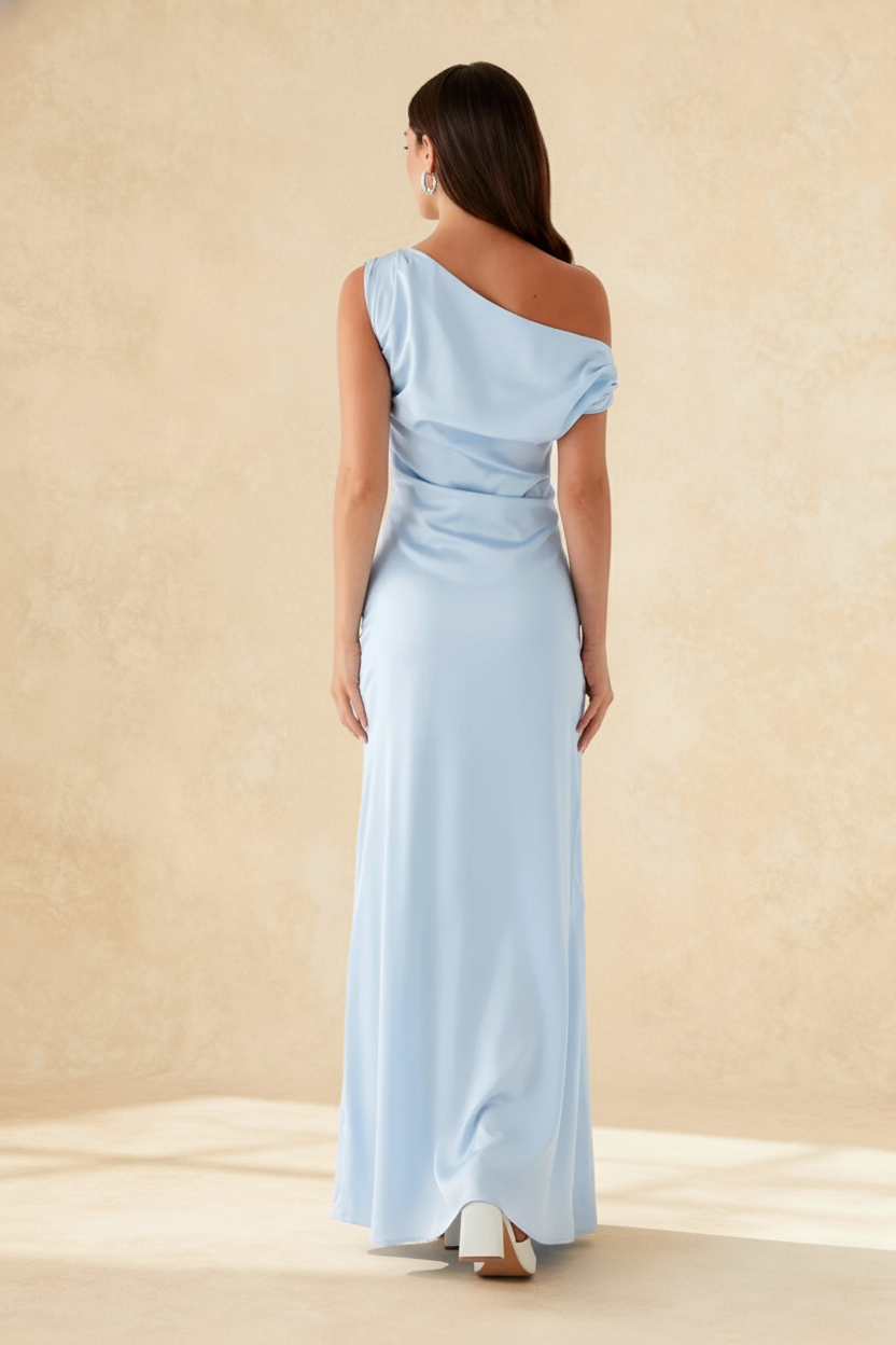 Satin One Shoulder Draped Mermaid Gown - View 2