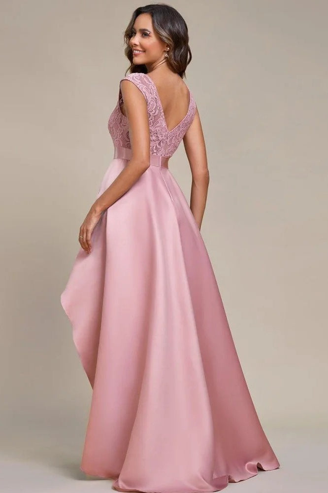 Lace Scoop Neck Cap Sleeve Satin High Low Dress - View 2