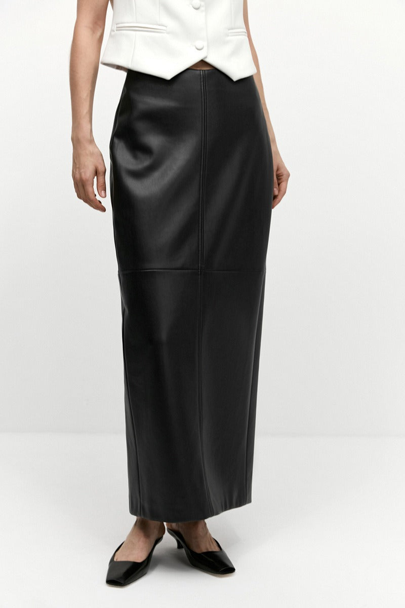 Shiny PU Leather Side Slit Pencil Skirt