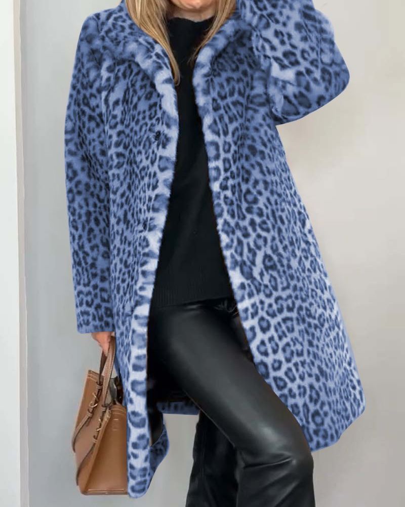 Leopard Print Faux Fur Lapel Collar Longline Coat 4
