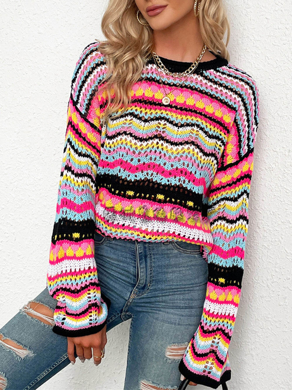 Open Knit Crochet Striped Drop Shoulder Sweater 4