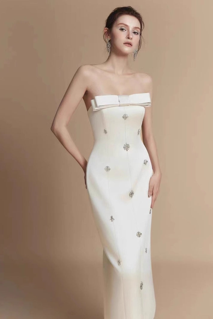 Strapless Bow Bodice Rhinestone Beaded Princess Seam Midi Dress - View 3