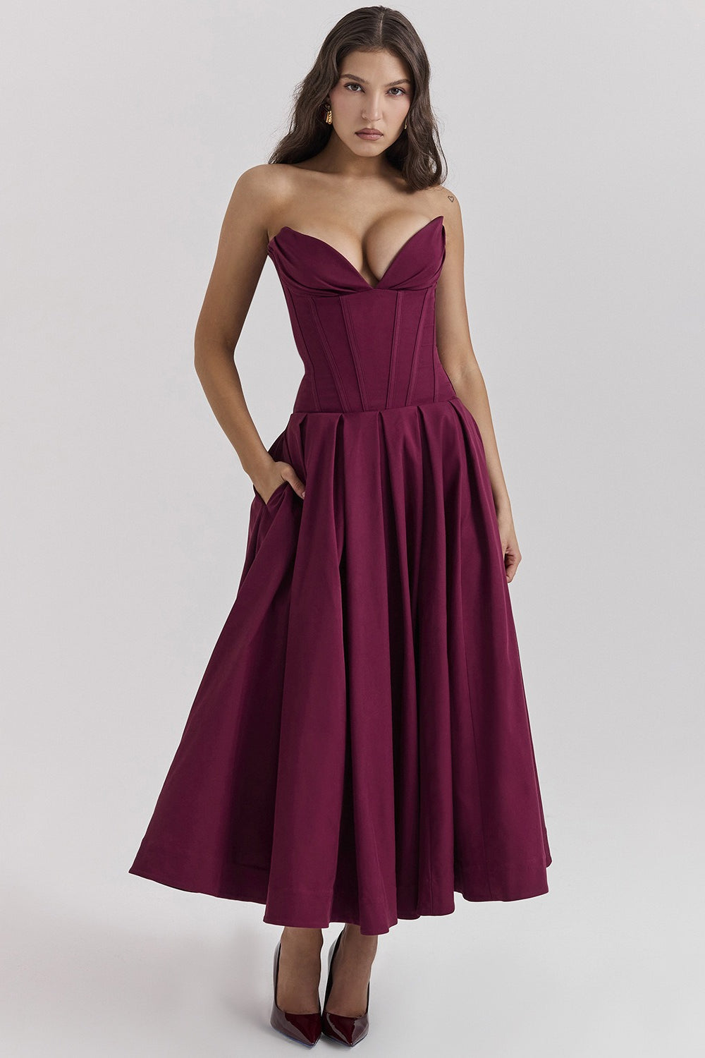 Strapless Corset Satin Fit and Flare High Low Midi Dress - View 2