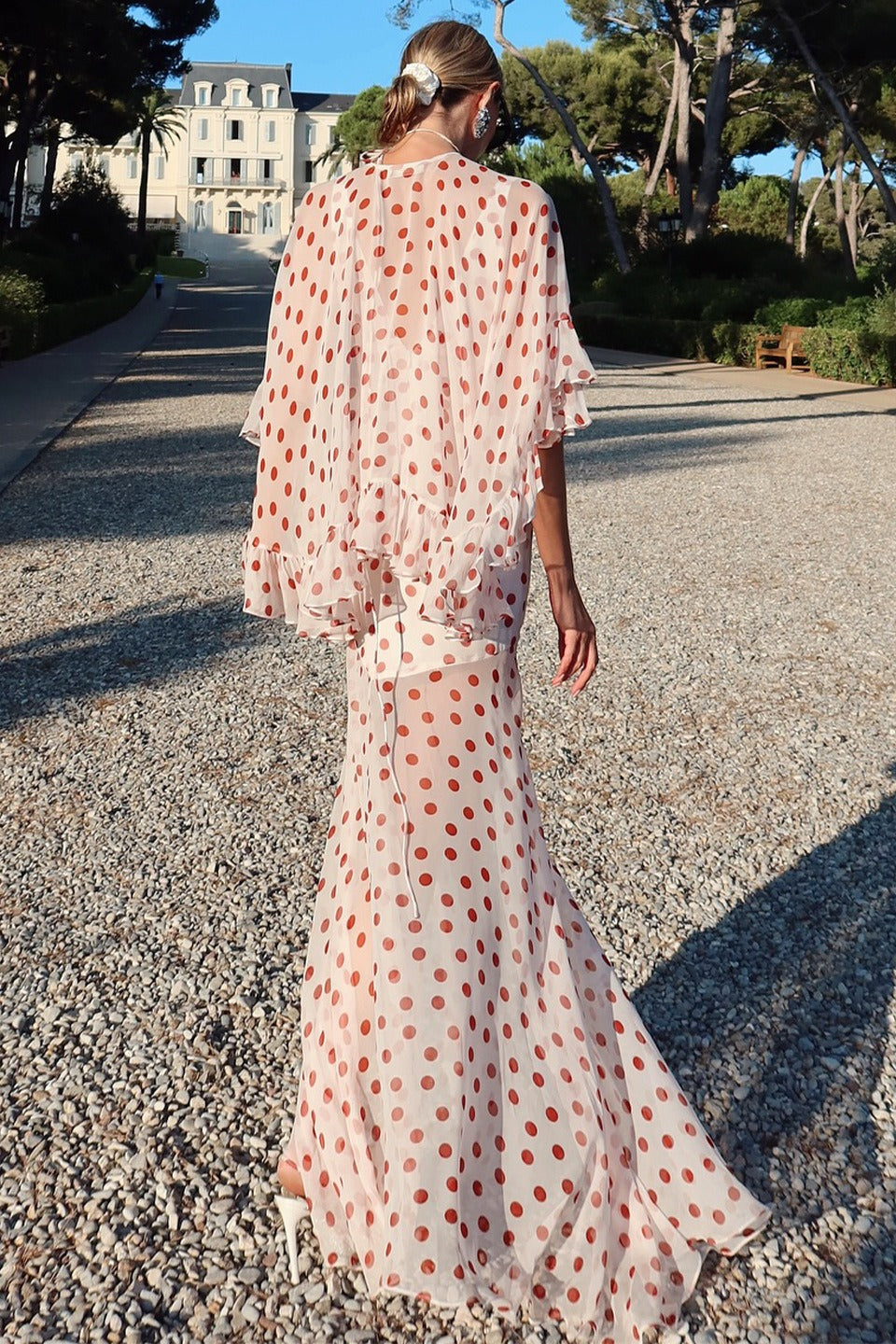 Polka Dot V-Neck Sheer Maxi Dress in White - View 4