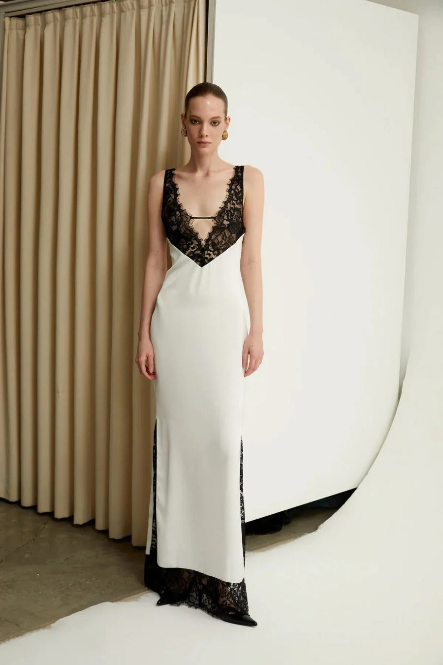 Satin Deep V-Neck Lace Bodice Lace Trim Hem Slip Maxi Gown - View 5