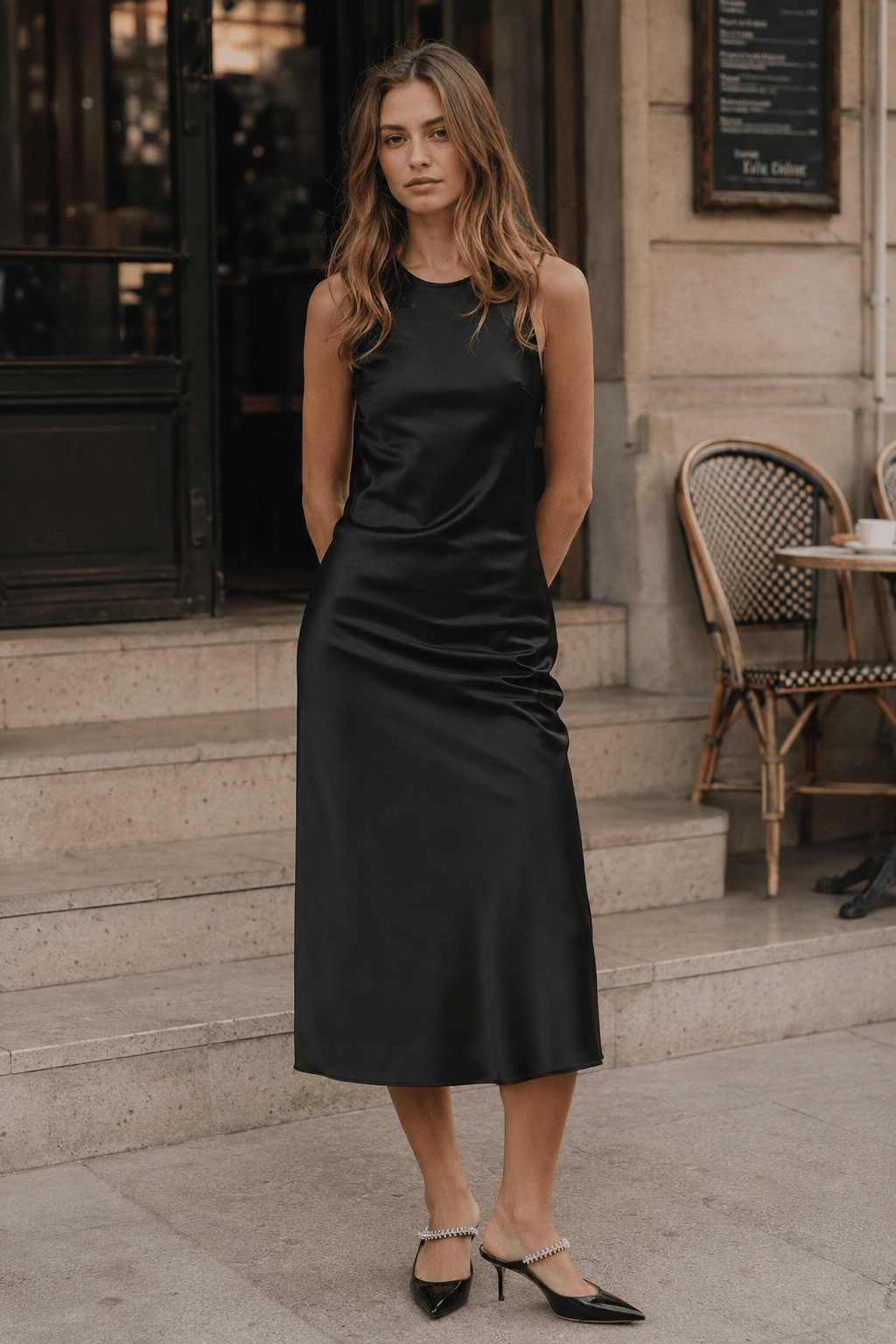 Round Neck Sleeveless Satin Bias Cut Midi Slip Dress