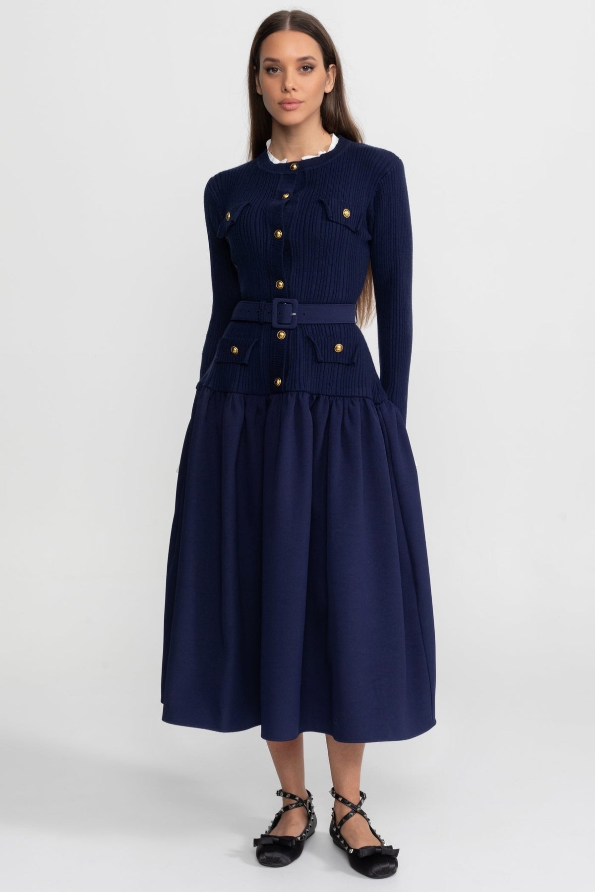 Ribbed Knit Midi Dress with Pleated Skirt and Belted Waist – Navy