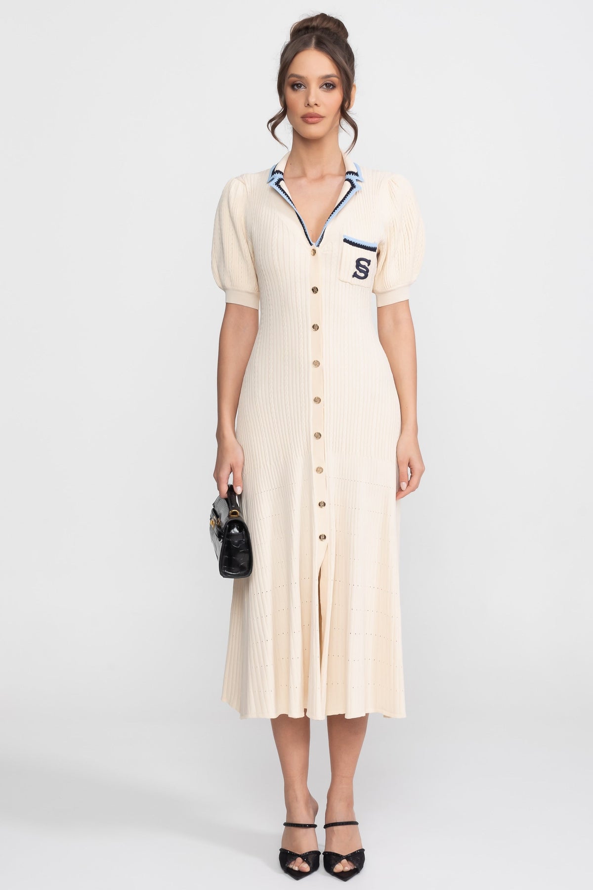 Short Sleeve Knit Midi Dress - Cream
