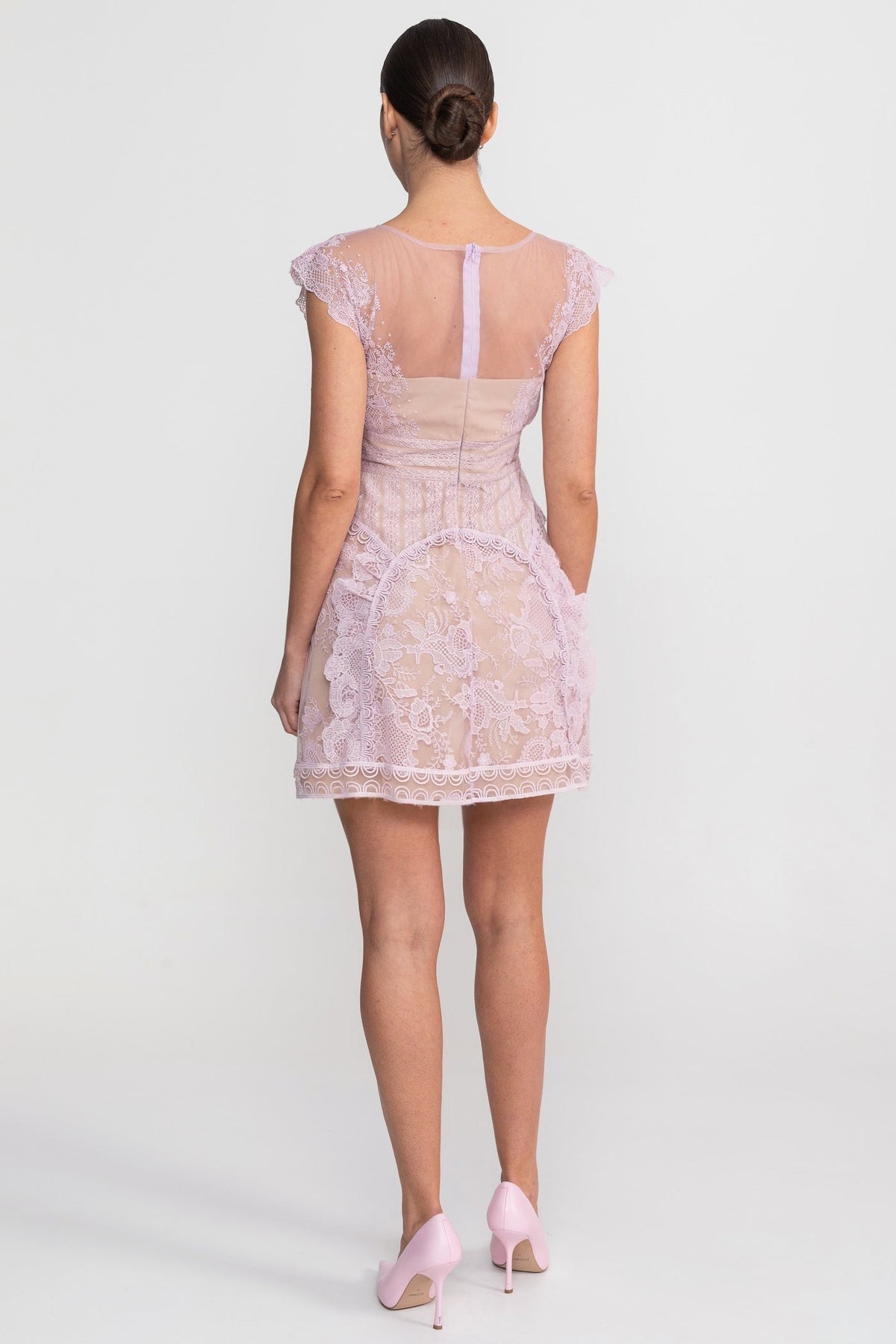 Lace Pearl Trim Sheer Mesh Yoke Cap Sleeve A-Line Mini Dress - View 5