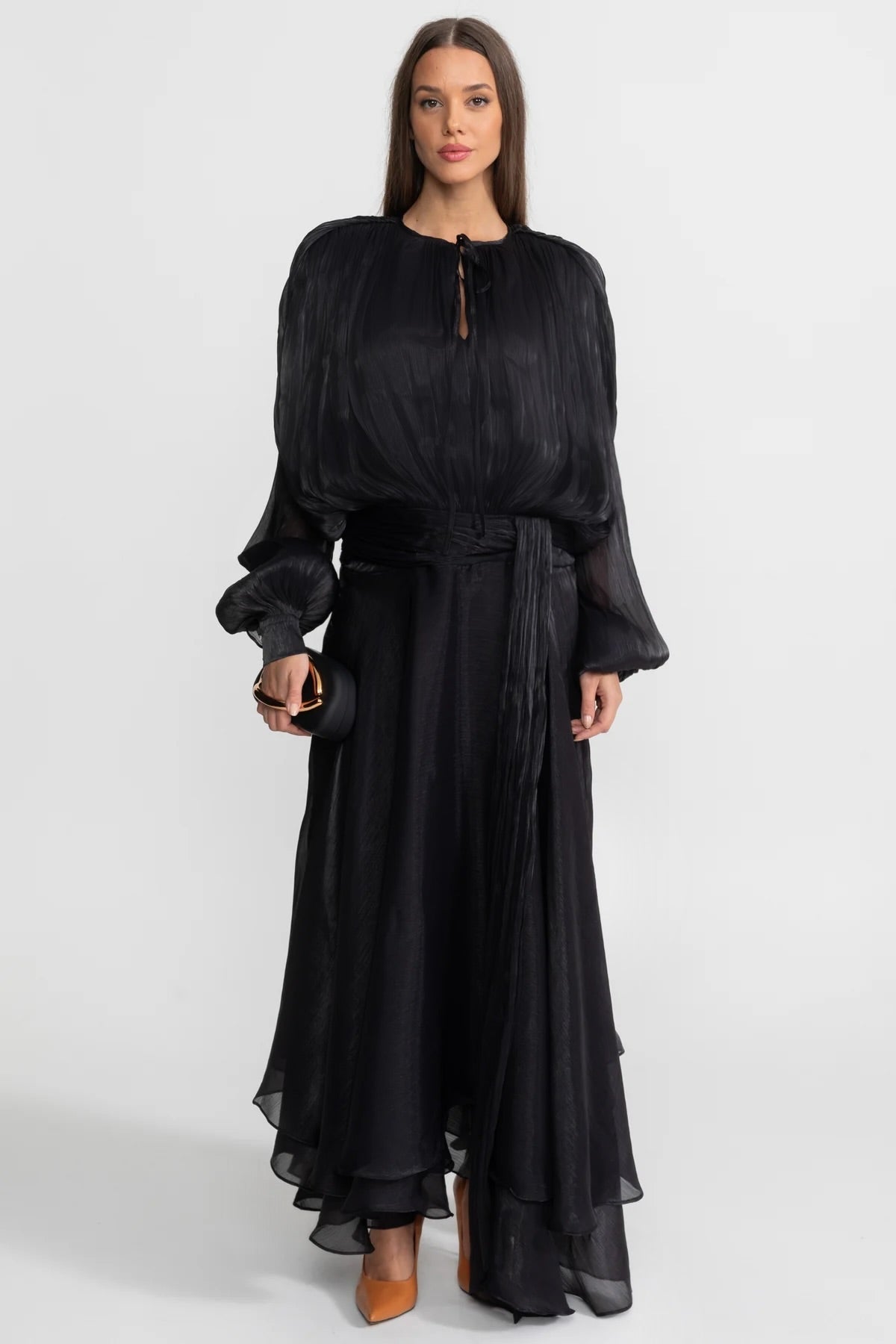 Pleated High Neck Tie Bishop Sleeve Sash Waist Tiered Ruffle Maxi Gown
