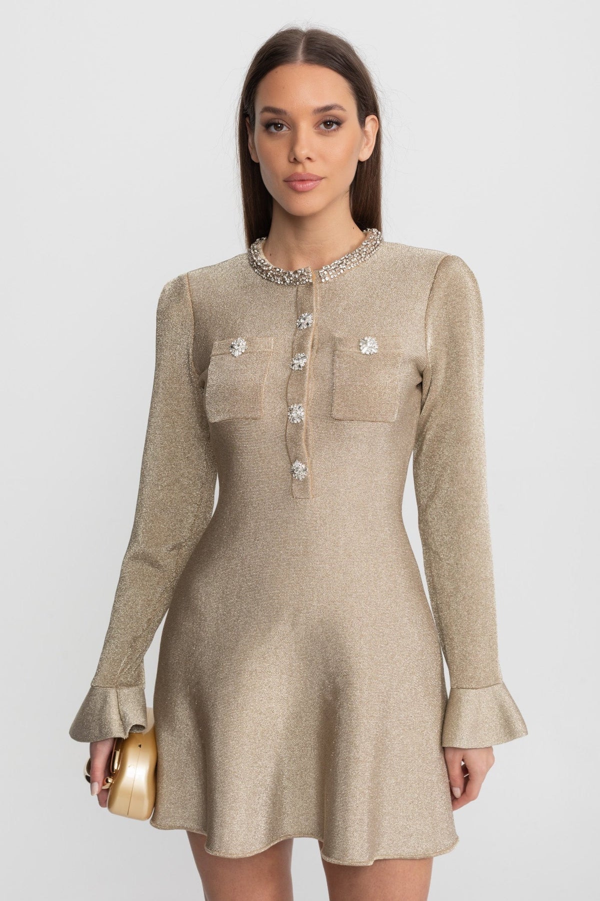 Metallic Knit Rhinestone Trim Crystal Button A-Line Mini Dress