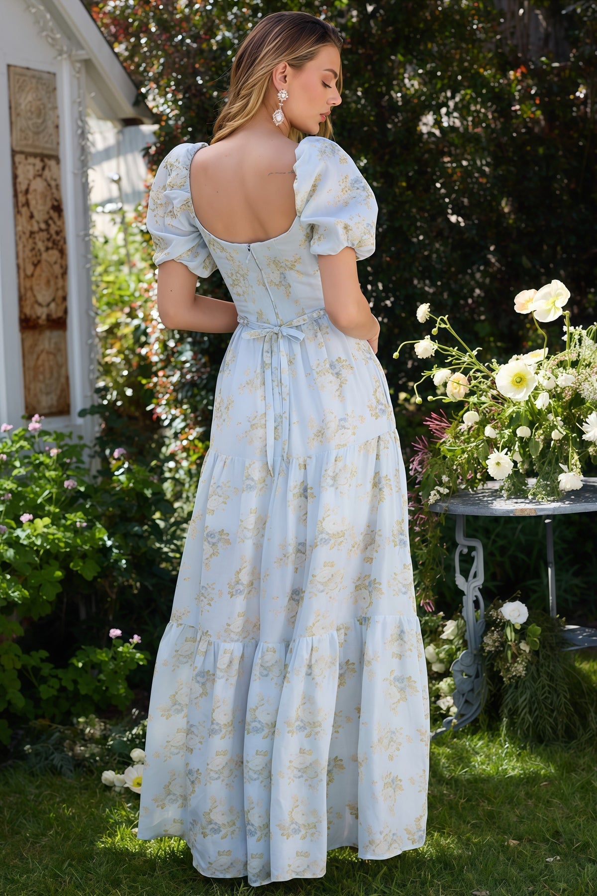 Floral Print V-Neck Puff Sleeve Cut Out Waist Tiered Maxi Dress 7