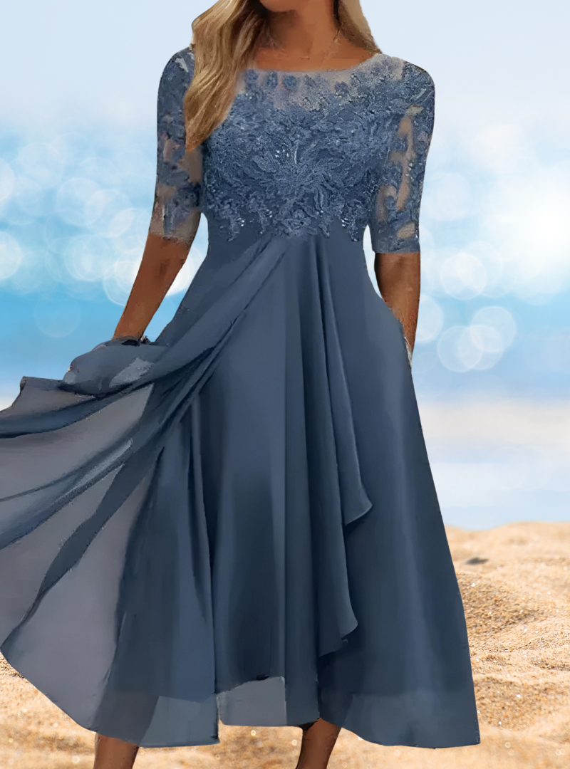 Floral Lace Illusion Scoop Neck Mesh Sleeve A-Line Midi Dress - View 2