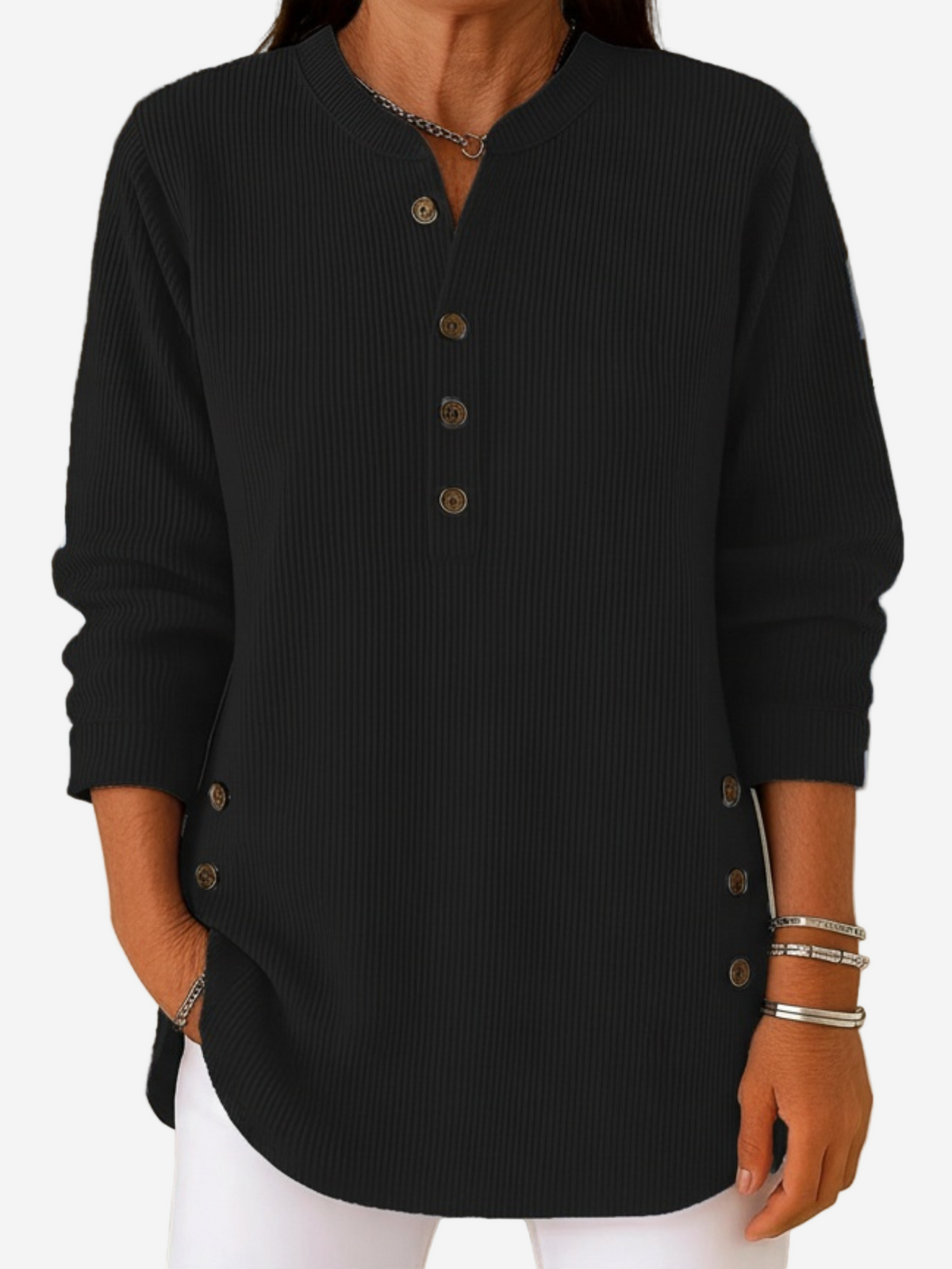 Button Henley Long Sleeve Ribbed Knit Top