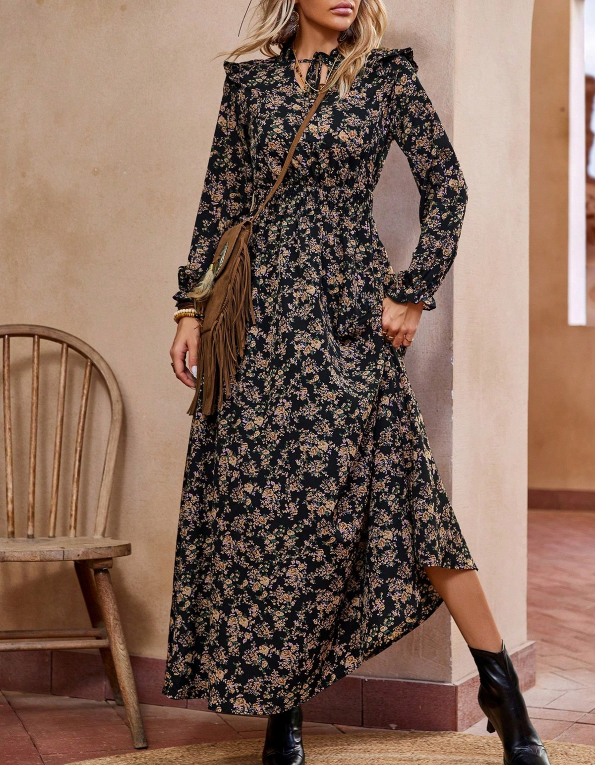 Ditsy Floral Keyhole Long Sleeve Smocked Waist Maxi Dress 5