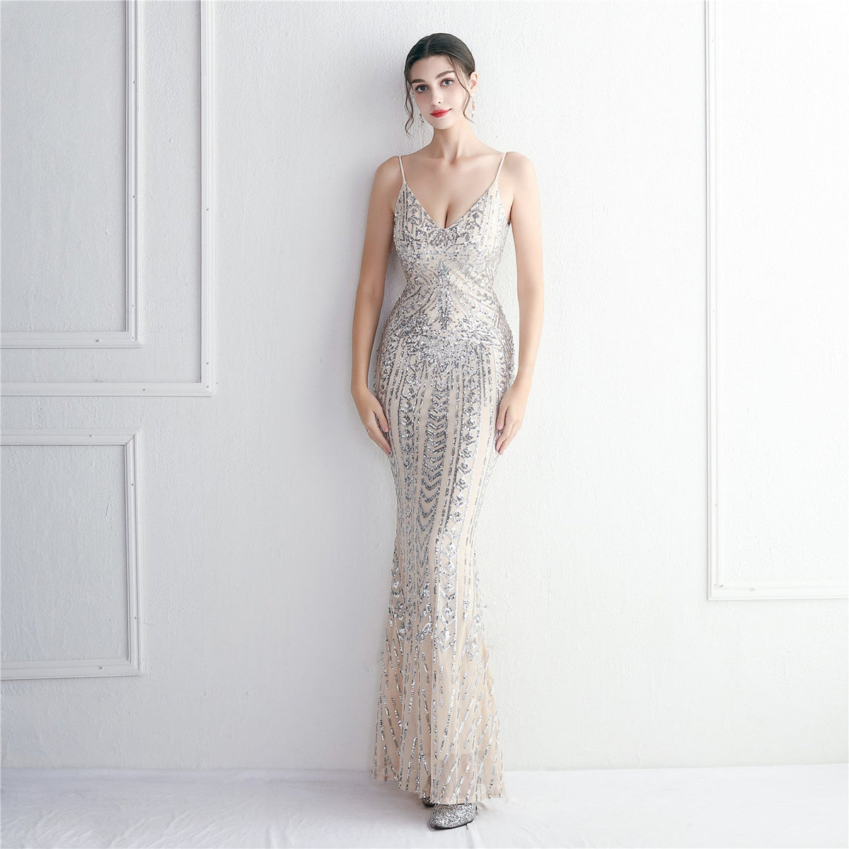 Sequin Geometric Spaghetti Strap V-Neck Mermaid Maxi Gown 5