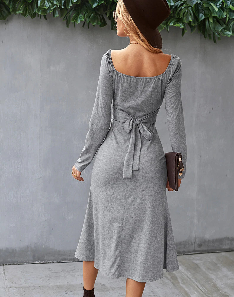 Square Neck Long Sleeve Ruched Fit and Flare Midi Dress 2