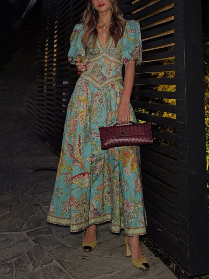 Satin Floral Print Puff Sleeve Midi Dress - View 2