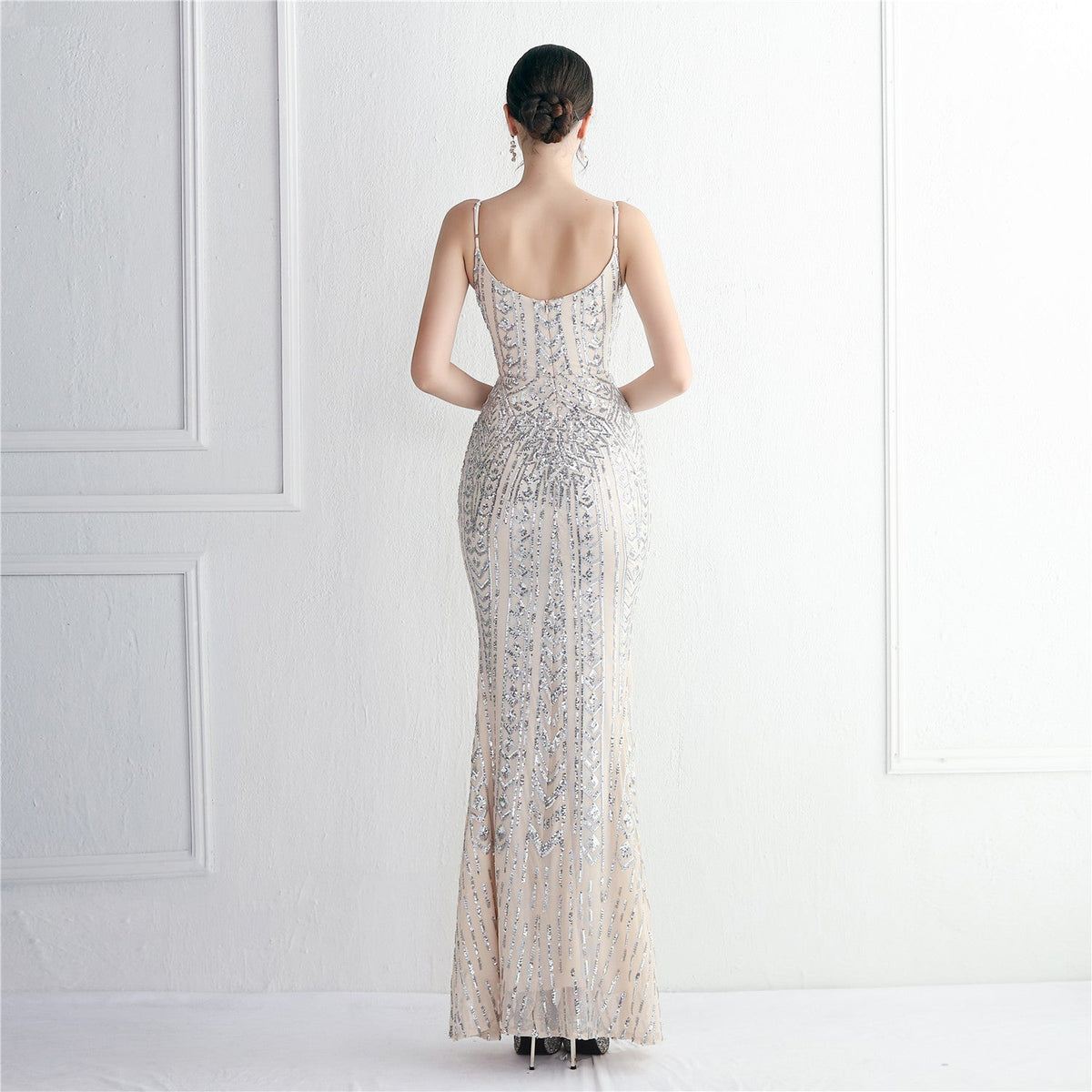 Sequin Geometric Spaghetti Strap V-Neck Mermaid Maxi Gown 9