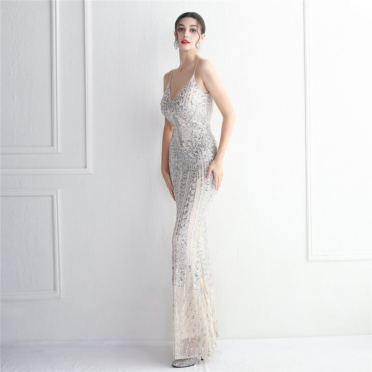 Sequin Geometric Spaghetti Strap V-Neck Mermaid Maxi Gown 10