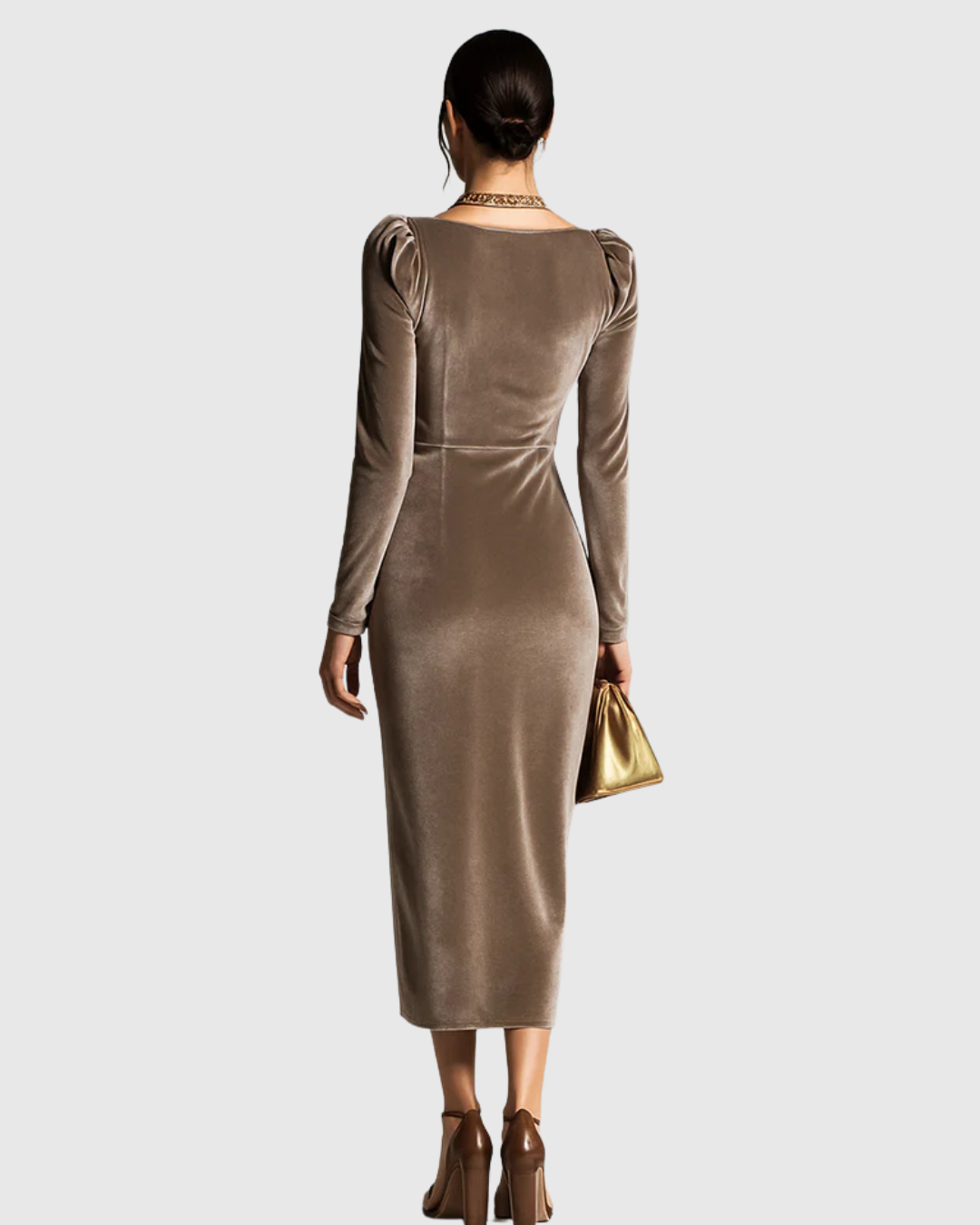 Velvet Cowl Neck Long Sleeve Ruched Brooch Wrap Asymmetric Midi Dress - View 4