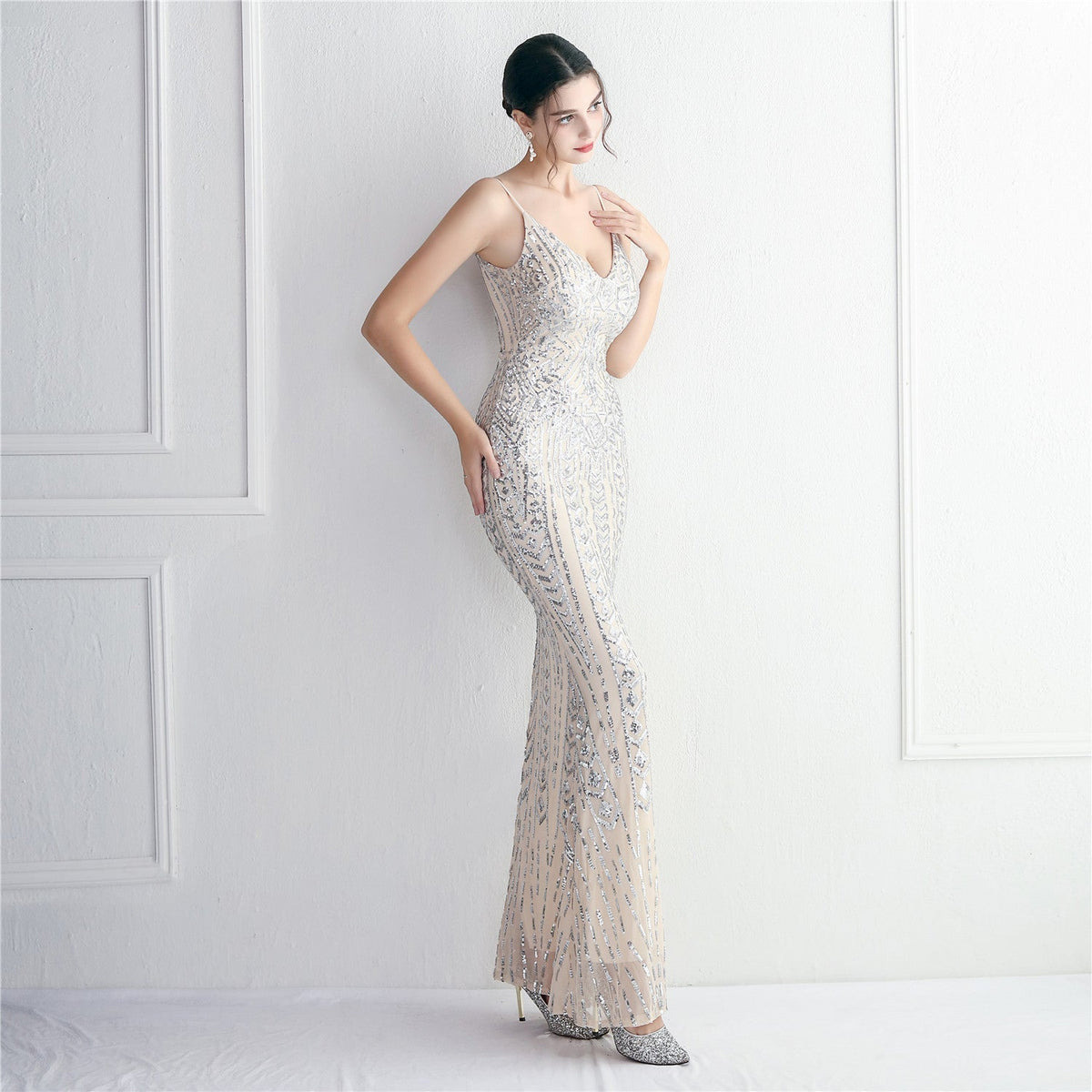 Sequin Geometric Spaghetti Strap V-Neck Mermaid Maxi Gown 11